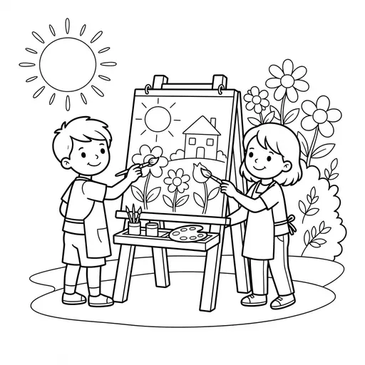 Easel Coloring Page — Two Children Sharing an Easel