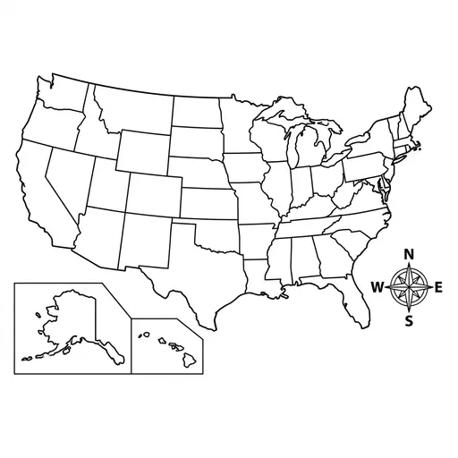United States Map Coloring Page — With State Borders and Compass Rose
