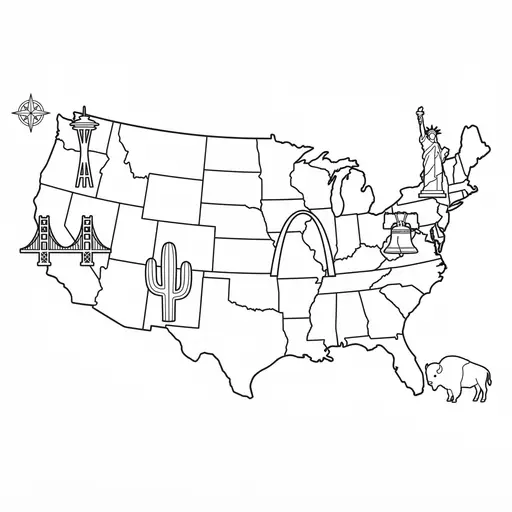 United States Map Coloring Page — USA with Landmarks