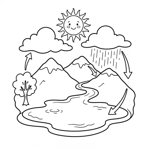 Water Cycle Coloring Page — Simple Diagram with Sun and Mountains