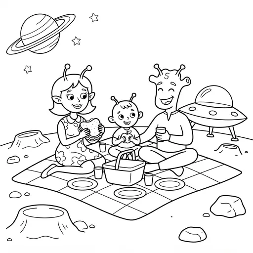 Alien Coloring Page — Family Picnic on the Moon