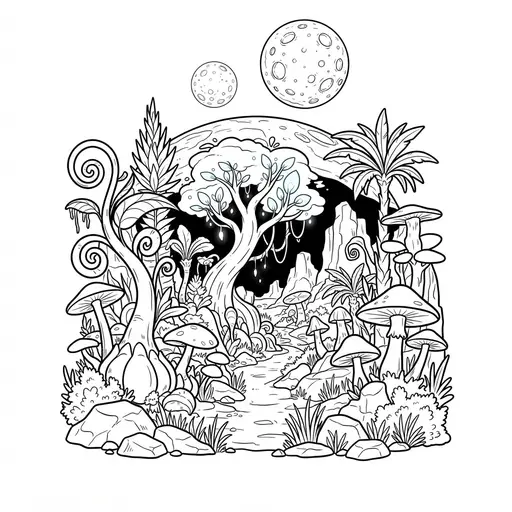 Alien Planet Coloring Page for Adults — Jungle With Two Moons