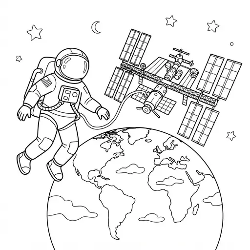 Astronaut Coloring Page for Adults — Floating Near Space Station