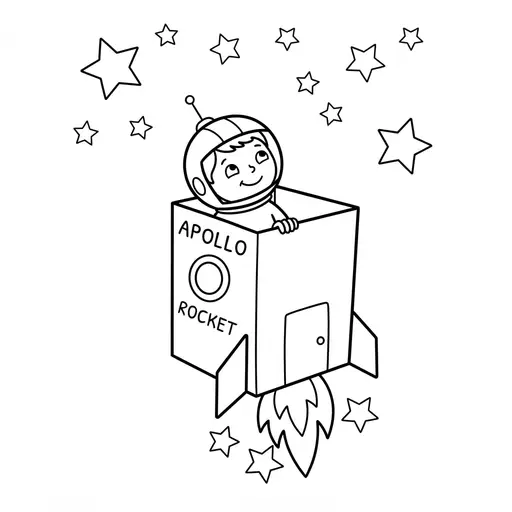 Astronaut Coloring Page — Flying in a Cardboard Rocket