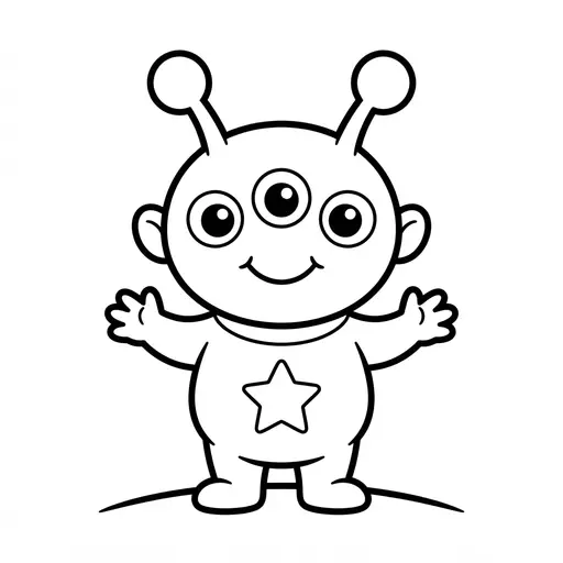 Easy Alien Coloring Page — Three Eyes and Star on Chest