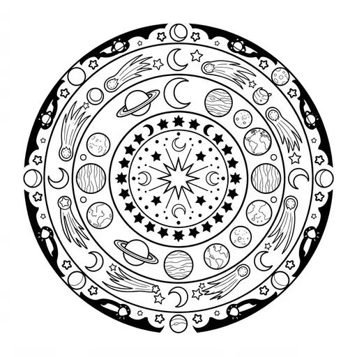 Space Coloring Page for Adults — Mandala of Planets and Stars