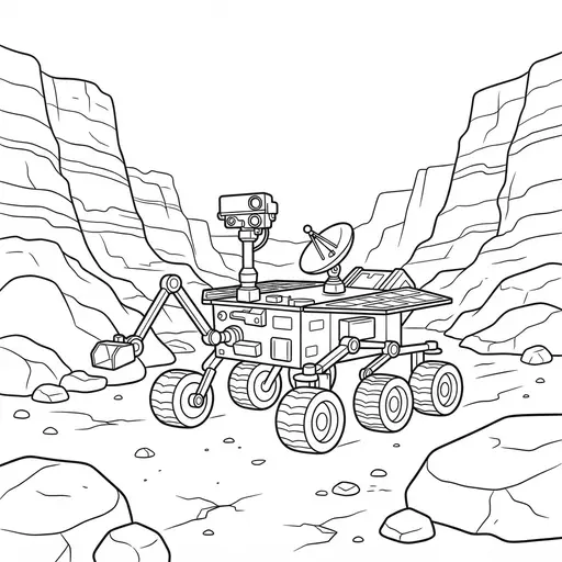Mars Rover Coloring Page for Adults — Exploring a Rocky Canyon