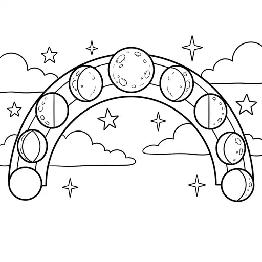 Moon Phase Coloring Page for Adults — Arranged in an Arc with Stars and Clouds