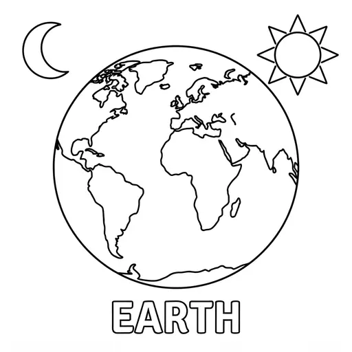 Planet Coloring Page — Earth with Continents and Oceans