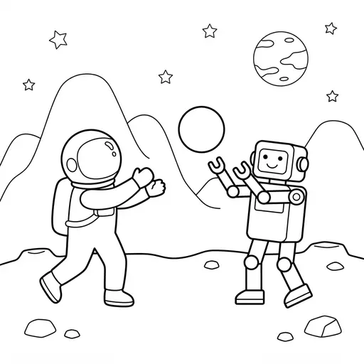Astronaut Coloring Page — Playing Catch With a Robot