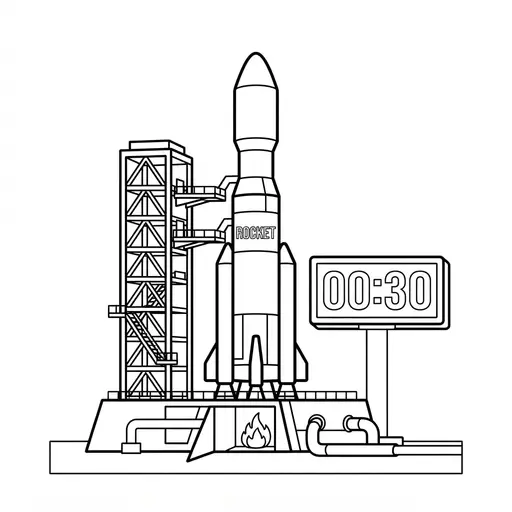 Rocket Coloring Page — Launch Pad with Countdown Clock