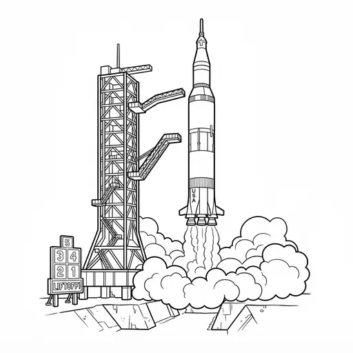 Rocket Coloring Page for Adults — Lifting Off From Launchpad