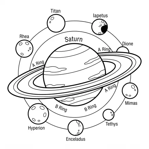 Saturn Coloring Page for Adults — Detailed Rings and Moons in Orbit