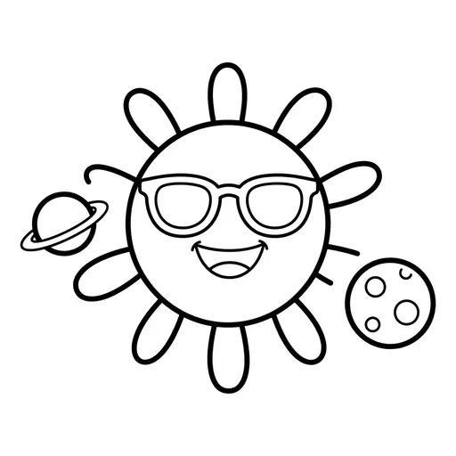 Easy Sun Coloring Page — Wearing Sunglasses with Planets