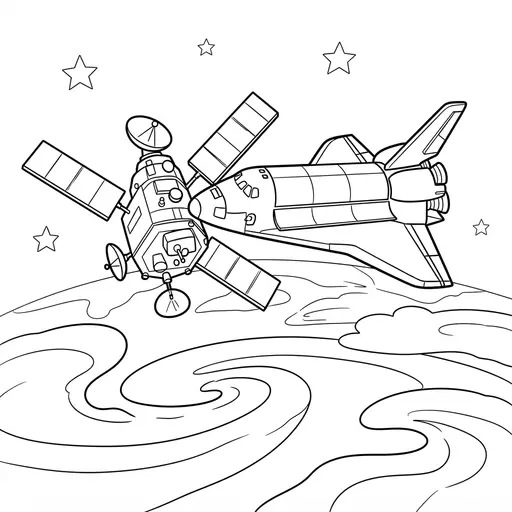 Space Shuttle Coloring Page for Adults — Docked with a Satellite Above Earth