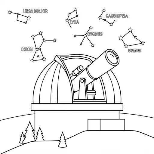 Observatory Coloring Page for Adults — Telescope and Labeled Constellations