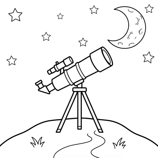 Telescope Coloring Page — On a Hilltop Under Stars