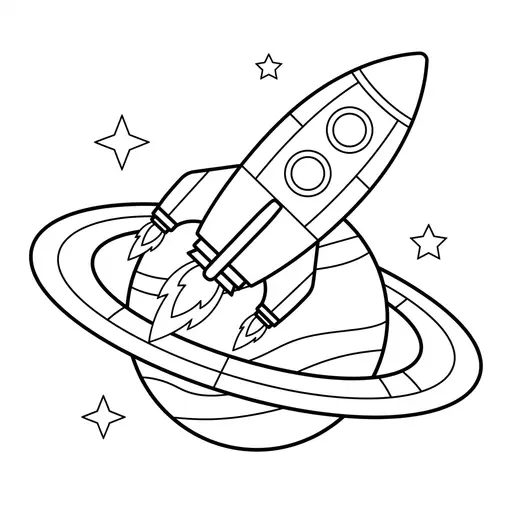 Rocket Coloring Page for Adults — Flying Past a Ringed Planet