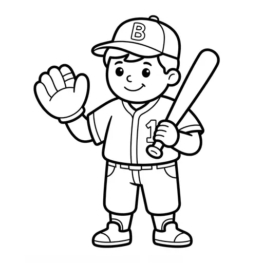 Easy Baseball Player Coloring Page — Holding Bat and Waving