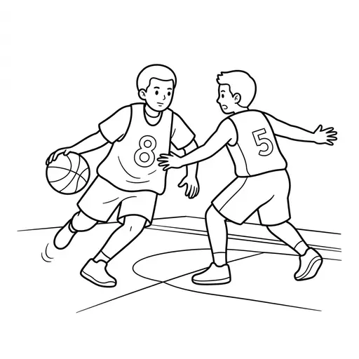 Basketball Coloring Page — Dribbling Past a Defender