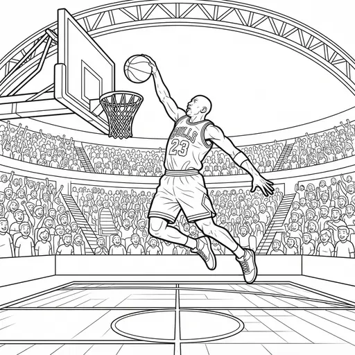 Basketball Coloring Page for Adults — Dunking in a Crowded Arena
