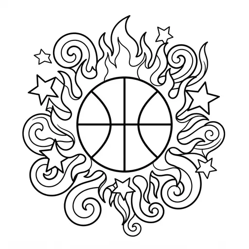 Basketball Coloring Page for Adults — Surrounded by Flames and Stars
