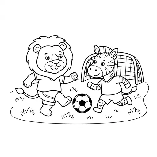 Football Coloring Page — Lion and Zebra Playing Soccer