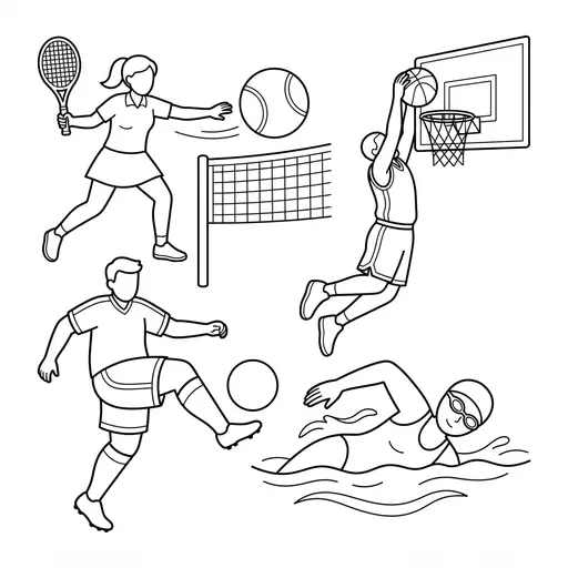 Sport Coloring Page for Adults — Collage of Various Athletic Activities