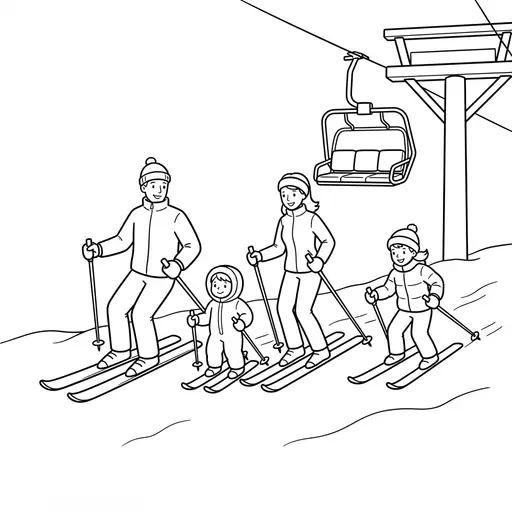 Skiing Coloring Page — Family Skiing Near Ski Lift