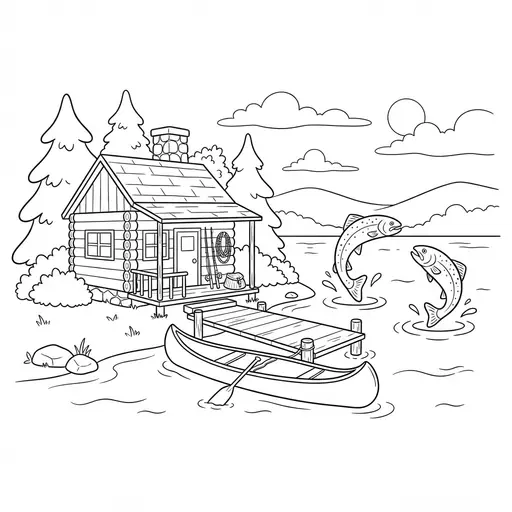 Fishing Coloring Page for Adults — By a Lake with Jumping Trout