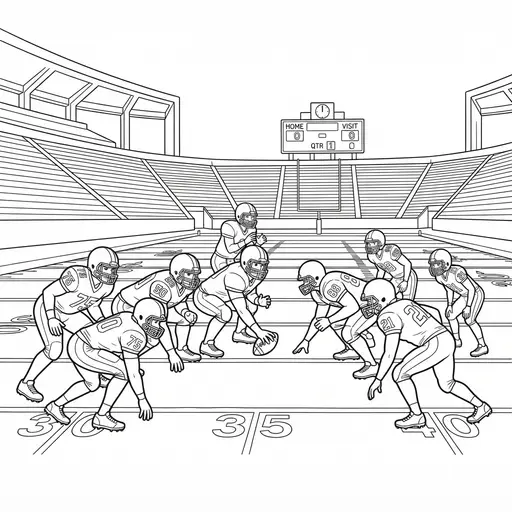 Football Player Coloring Page for Adults — Players Lined Up in Stadium