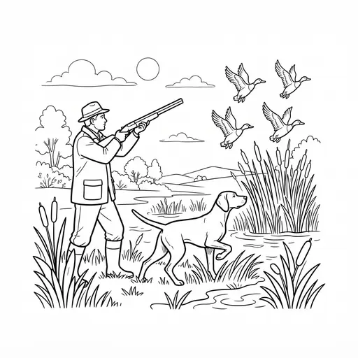 Hunting Coloring Page for Adults — Hunter With Dog And Flying Ducks