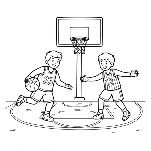 Basketball Coloring Page — Two Friends Playing on Court