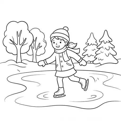 Ice Skating Coloring Page — Skating on a Frozen Pond