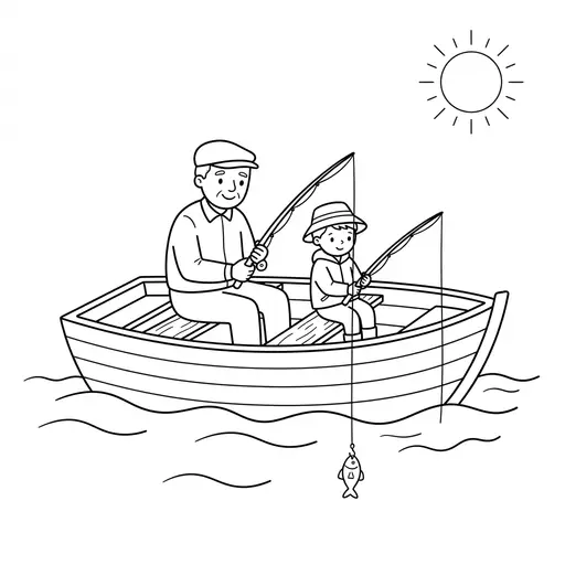 Fishing Coloring Page — Grandpa and Child in a Rowboat