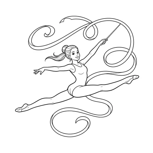 Gymnastic Coloring Page for Adults — Leaping With Ribbon Swirls