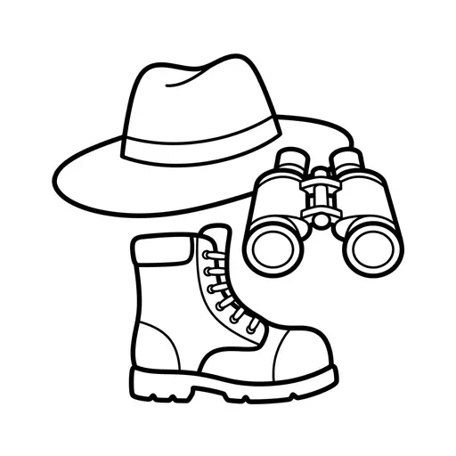 Easy Hunting Coloring Page — Hat Binoculars and Boot