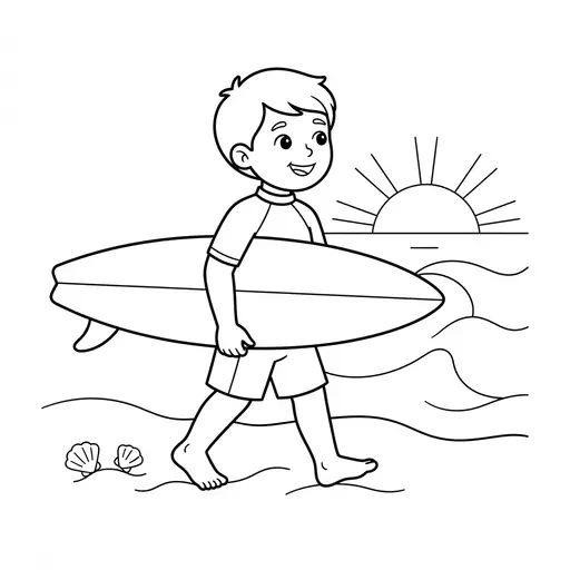 Surfing Coloring Page — Carrying Surfboard at Sunset