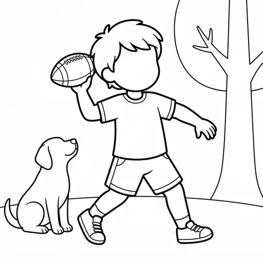Football Coloring Page — Throwing Ball with Dog in Yard