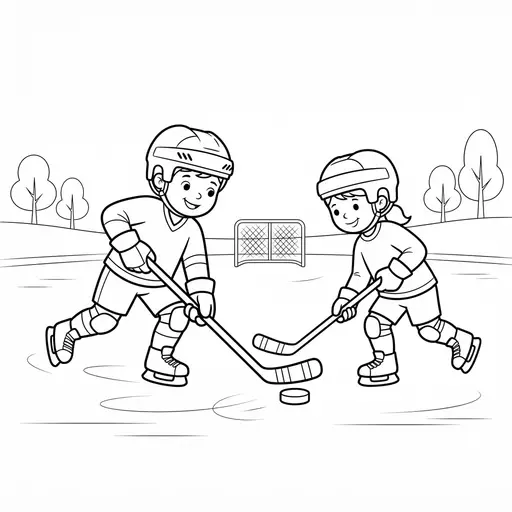 Hockey Coloring Page — Two Children Playing on Ice
