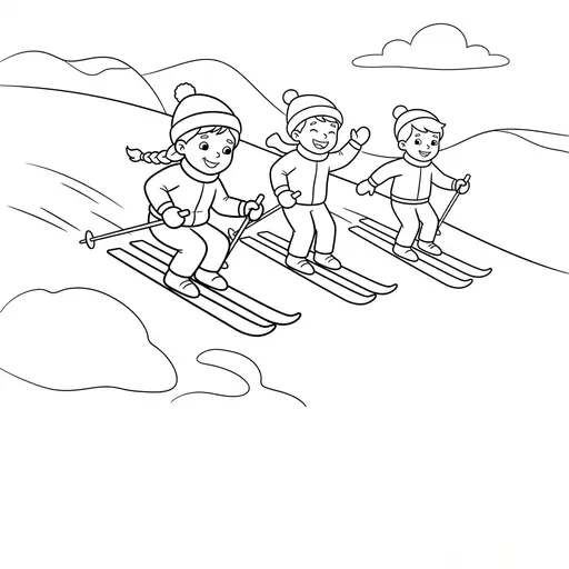 Skiing Coloring Page — Three Children Skiing Downhill