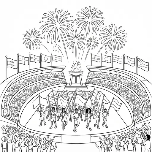 Olympic Coloring Page for Adults — Opening Ceremony With Fireworks And Flags