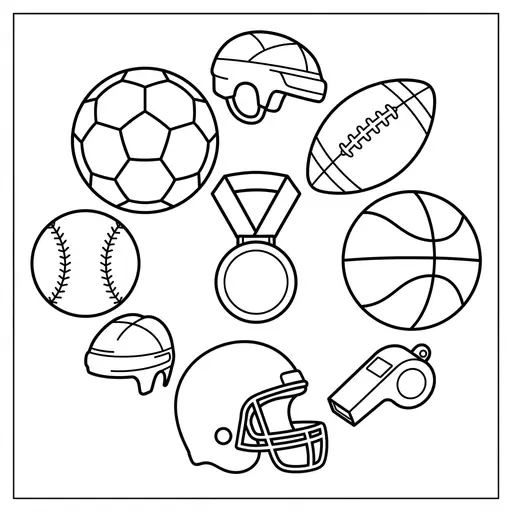 Sport Coloring Page for Adults — Various Balls Helmets and Medals