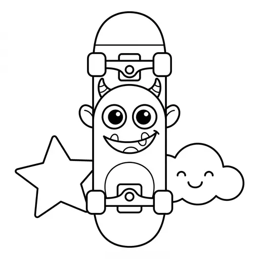 Skateboard Coloring Page — Monster Face With Star and Cloud