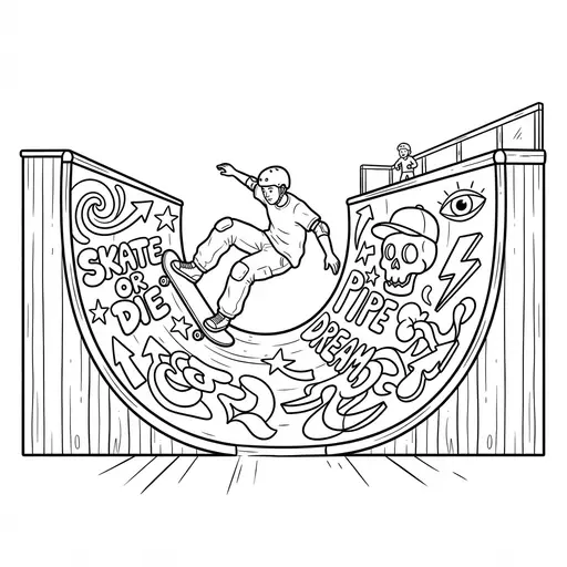Skateboard Coloring Page for Adults — Skating on a Graffiti Half Pipe