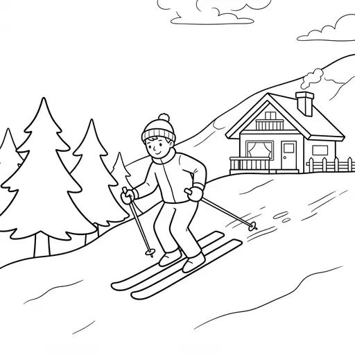 Skiing Coloring Page for Adults — Down a Mountain Slope