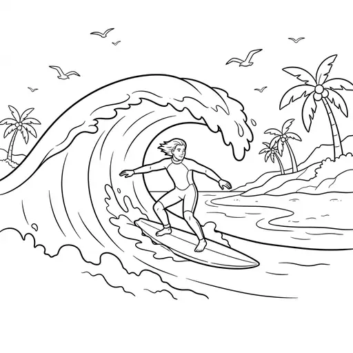 Surfing Coloring Page for Adults — Riding a Big Wave