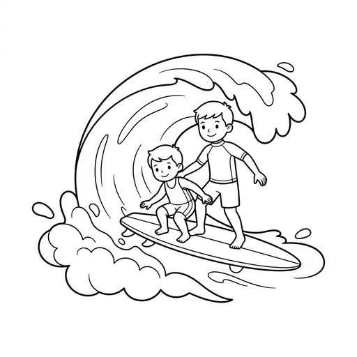 Surfing Coloring Page — Two Brothers Riding a Wave