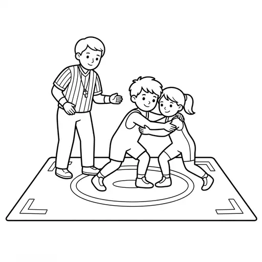 Wrestling Coloring Page — Kids Competing on a Mat