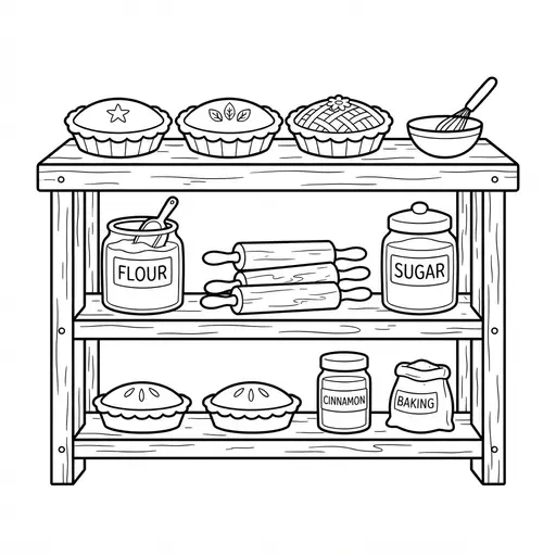 Pumpkin Pie Coloring Page for Adults — Bakery Shelf with Pies and Jars